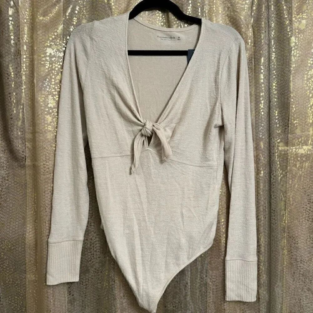 Abercrombie & Fitch Soft Cozy Tie Front Cream Long Sleeve Bodysuit M NWT